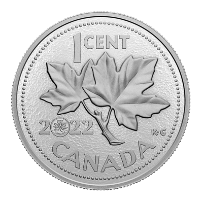 A picture of a Pièce en argent pur – 10e de la dernière pièce de un cent (2022)